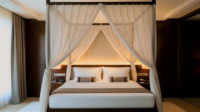 Luxurious Four Poster Bed With Canopy Drapes Illuminated By Warm Ambient Light In A Hotel Suite