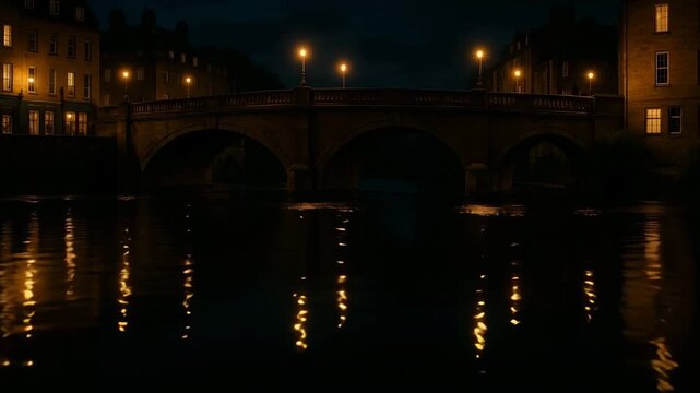 A tranquil nighttime cityscape with a historic stone bridge illuminated by rows of warm street lamps spanning calmly over a river. Reflections of golden light shimmer on the dark water, while the surr