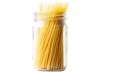 Uncooked spaghetti pasta in a glass jar against a ready for cooking meal isolated on transparent background 