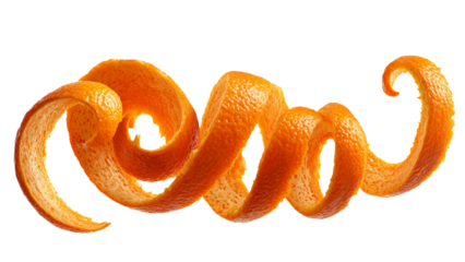 Orange citrus peel isolated on transparent background, spiral rind, zest ingredient