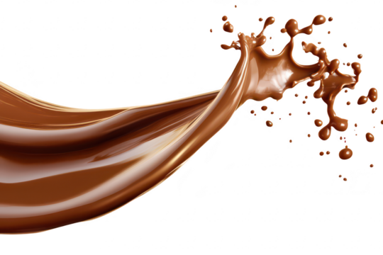 A dynamic splash of rich chocolate liquid gracefully arcs through the air against a pristine white background. capturing the essence of indulgence and culinary creativity