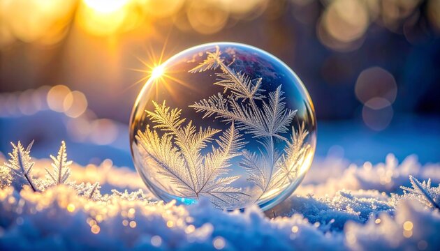 macro closeup frozen soap bubble microfractures icy veins crystalline pattern delicate radial structure winter light transparent frost texture micro detail fragile frozen surface shimmering cold beaut