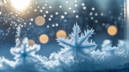 Macro photography of natural ice frost crystals texture on glass window with blue winter morning light and bokeh background