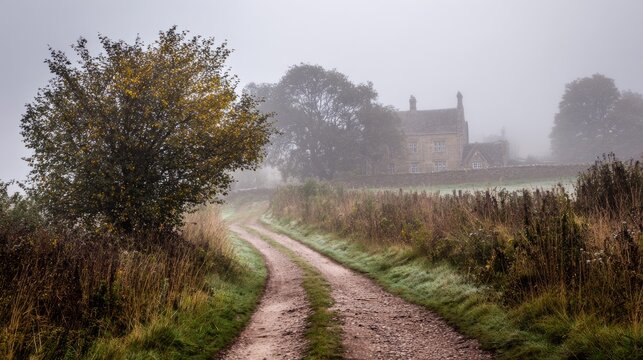 enthalpy. Misty country lane leading to a distant stone cottage. lifestyle magazines, social media lookbooks, designed for influencer and brand collaborations, used by SEO specialists.
