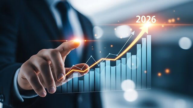 Businessman pointing at a rising financial graph with year 2026 overlay