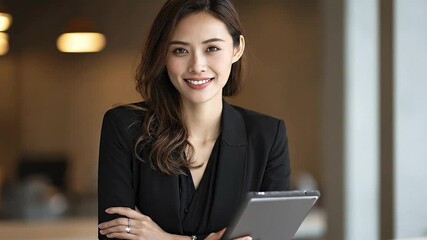 Smiling businesswoman with tablet in black suit arms crossed Warm inviting background