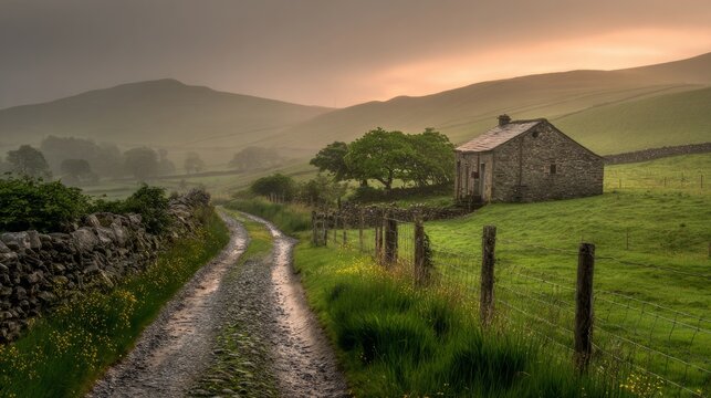 enthalpy. Misty country lane leading to a distant stone cottage. lifestyle magazines, social media lookbooks, designed for influencer and brand collaborations, used by SEO specialists.

