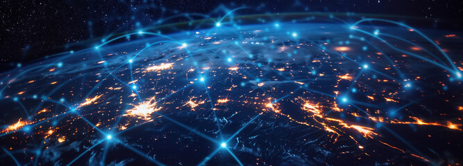 Global Network: An intricate network of interconnected nodes and lines envelops the Earth, symbolizing the seamless flow of data, ideas, and communication in the digital age.