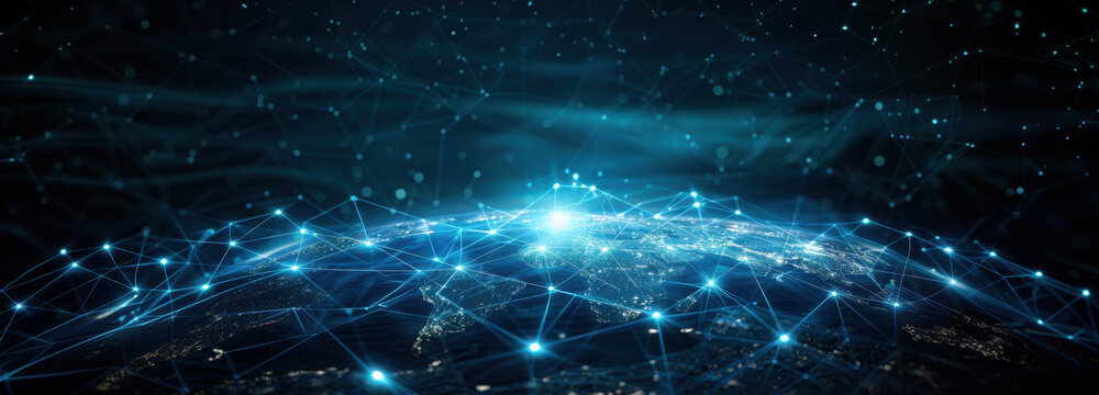 Global Network: Illuminated nodes and intricate lines weave across a digital representation of Earth, symbolizing interconnectedness. Illustrating global communication and technological advancement.