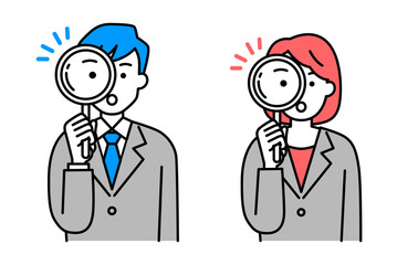 虫眼鏡を覗く中年のスーツの男女　セット