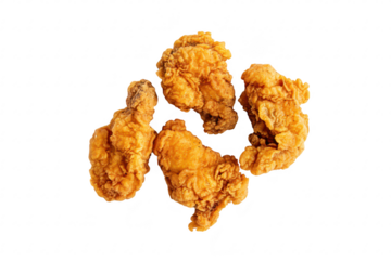 A close-up view of four crispy. golden-brown fried chicken pieces arranged on a clean white background. ideal for food photography. culinary blogs. or restaurant menus