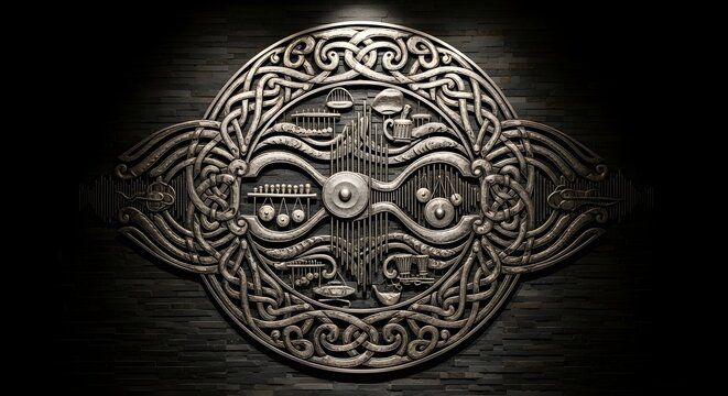 Black and white mask artwork with ancient lion sculpture details