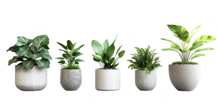 A collection of five diverse potted plants arranged in a minimalist setting. various textures and shades of green. ideal for home decor or interior design inspiration