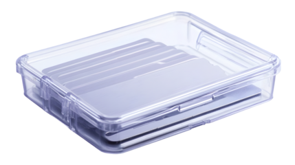Silver metal business cards in a clear plastic container