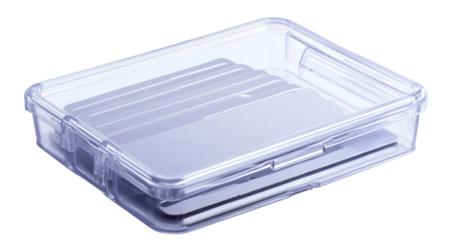 Silver metal business cards in a clear plastic container