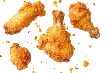Crispy golden fried chicken drumsticks scattered on a white background. their crunchy texture. ideal for food photography or culinary advertisements