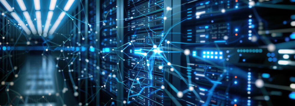 Data center's Network: Intricate network of servers and data processing units glow with digital energy, illustrating the core of modern data storage and information processing. 