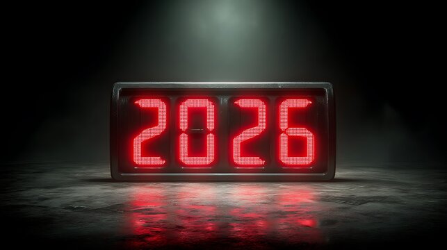 A glowing red digital display showing the year 2026 in a dark, smoky, and atmospheric setting, symbolizing future or countdown.