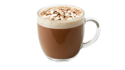 Steaming mug of hot chocolate topped with whipped cream and chocolate shavings