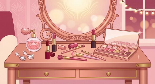 Pink vanity makeup table with mirror cosmetics perfume and jewelry in cozy room interior illustration.