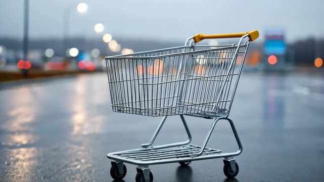Rolling shopping cart on rainy urban street with blurred background lights