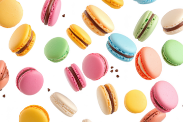 A assortment of colorful macarons scattered artistically against a white background. their delicate textures and inviting hues. perfect for food photography or dessert marketing