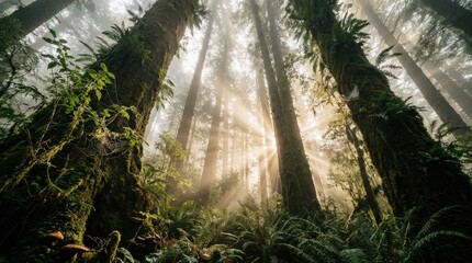 Low-Angle Shot of Majestic Redwood Forest with Sun Rays Breaking Through Foggy Canopy, Wilderness and Nature Conservation Concept.