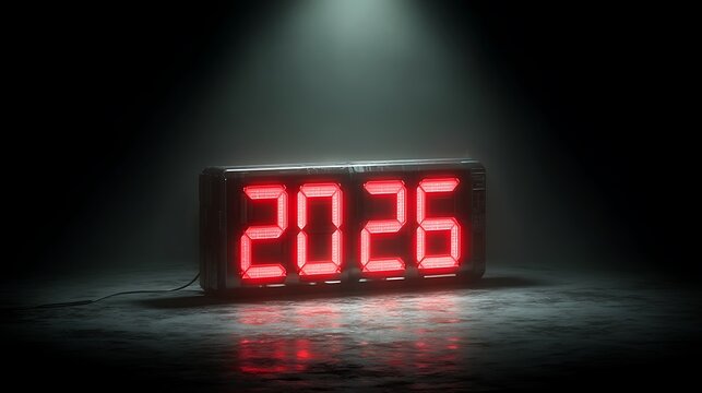 Digital clock displaying the year 2026 in red numerals. - Powered by Adobe