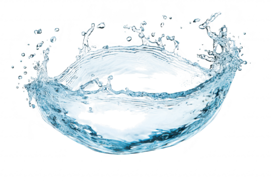 A clear bowl of water splashing. creating dynamic droplets and waves. set against a white background. ideal for illustrating concepts of fluid dynamics or freshness