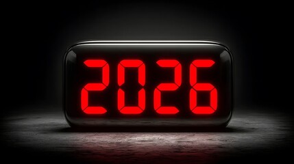 Digital clock displaying the year 2026 in bright red numerals against a dark background.