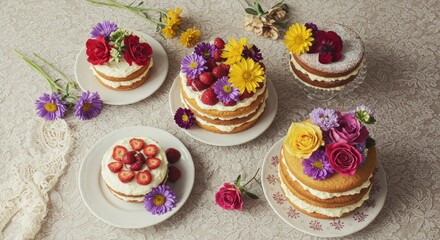 Beautifully Decorated Naked Cakes with Fresh Flowers and Strawberries