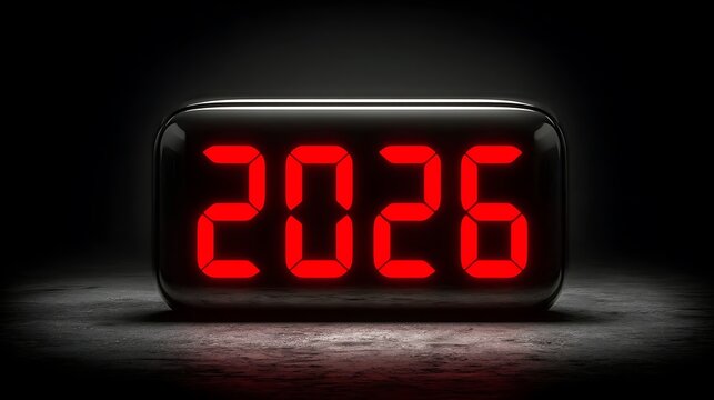 Digital clock displaying the year 2026 in bright red numerals against a dark background.