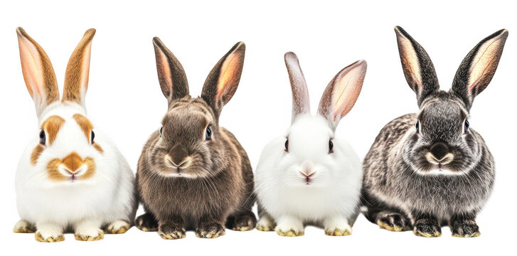 A charming lineup of four adorable rabbits of varying colors and breeds. their distinct features and playful expressions against a clean. white background. perfect for animal lovers and pet care conte