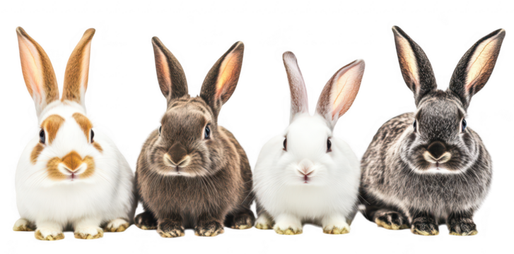 A charming lineup of four adorable rabbits of varying colors and breeds. their distinct features and playful expressions against a clean. white background. perfect for animal lovers and pet care conte