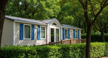 Modern mobile home with blue shutters situated in a lush green campground surrounded by dense foliage and tall trees on a sunny day