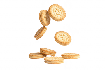 A playful arrangement of delicious cookies floating above a scattered pile. their intricate designs and textures. ideal for food photography or dessert-related content