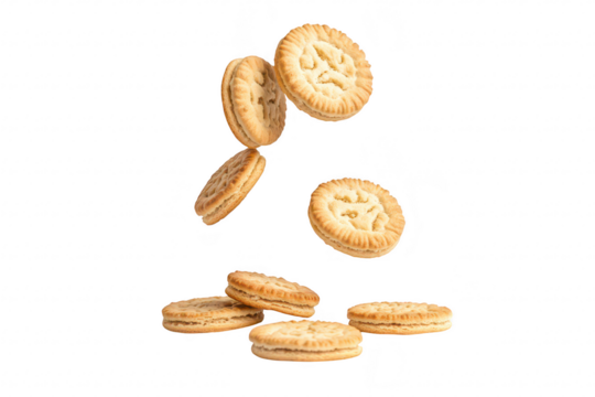 A playful arrangement of delicious cookies floating above a scattered pile. their intricate designs and textures. ideal for food photography or dessert-related content