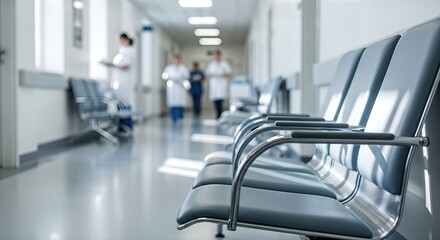 Hospital waiting area featuring modern seating, bright lighting, and healthcare professionals walking in the background, creating a welcoming atmosphere for patients and visitors in a medical facility