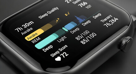 Advanced health and fitness tracker on a modern smart watch showing a comprehensive sleep analysis report with a score and stage breakdown