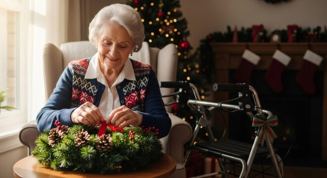 Woman making a Christmas wreath for New Year decoration. Elderly lady in a festive home environment celebrating winter holiday and tradition.