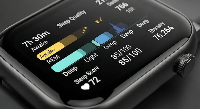 Advanced health and fitness tracker on a modern smart watch showing a comprehensive sleep analysis report with a score and stage breakdown