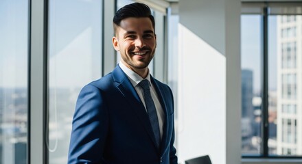Fototapeta premium Smiling Young Businessman in Suit Standing by City Window – Corporate Success Portrait