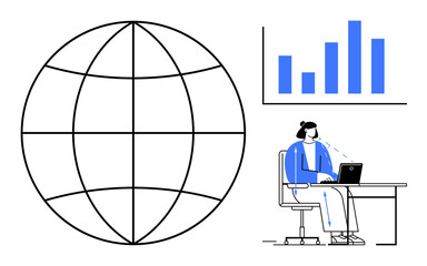 Global networking. A globe s interconnectedness. An analyst works on a laptop with a digital bar chart highlighting global networking, business analysis, and workflows. For tech, data, and finance