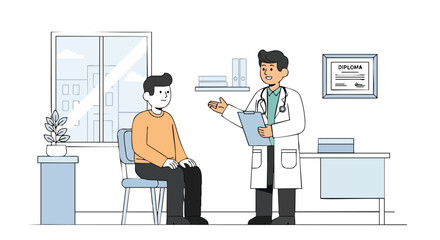 Male Doctor in a White Coat Consulting a Patient in a Bright, Modern Medical Office.