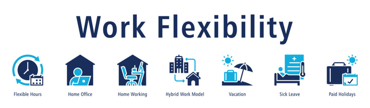 Work Flexibility Web Banner Duotone icon vector illustration concept with icon of flexible hours, home office, home working, hybrid work model, vacation, and sick leave