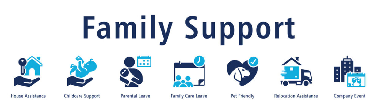 Family Support Web Banner Duotone icon vector illustration concept with icon of house assistance, childcare support, parental leave, family care leave, pet friendly, and relocation assistance