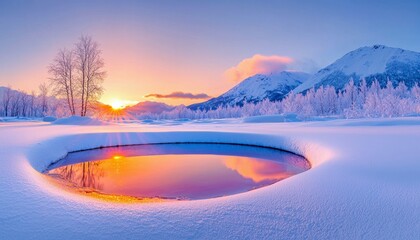 A serene winter landscape at sunrise, featuring a frozen pond reflecting the colorful sky, snow-covered ground, frosted trees, and distant snow-capped mountains