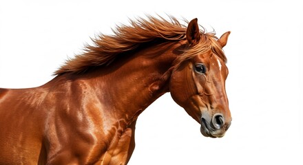 Obraz premium Graceful brown horse with a vibrant flowing mane beautifully captured against a crisp white background. AI Generated