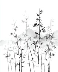 Fototapeta premium Bamboo grove silhouettes with overlapping vertical rhythm, subtle mountain haze behind, monochrome ink-wash aesthetic, tranquil zen composition, ample top white space