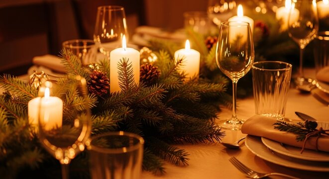 Close up of festive Christmas table setting with lit candles, spruce branches, pine cones, and elegant glassware for holiday celebration.